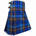 A blue, brown, and black tartan kilt is displayed against a white background. It features pleats and two leather buckles, evoking a traditional and formal tone.