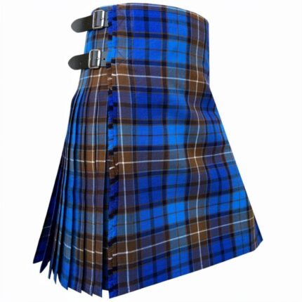 A blue, brown, and black tartan kilt is displayed against a white background. It features pleats and two leather buckles, evoking a traditional and formal tone.